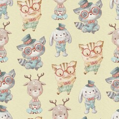 Seamless pattern cute cartoon animals piglet bunny raccoon fawn
