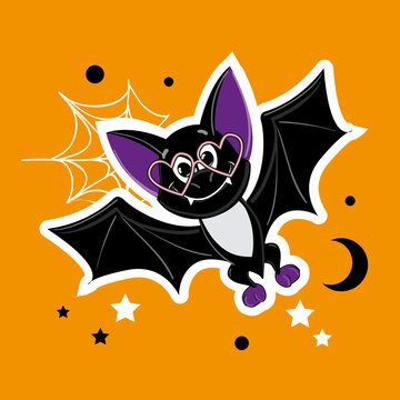Halloween card with bat in glasses, spider web and stars on an orange background. Vector illustration isolated. Fashion patch badges