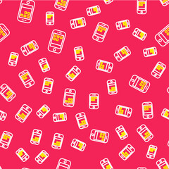 Line Smartphone, mobile phone icon isolated seamless pattern on red background. Vector
