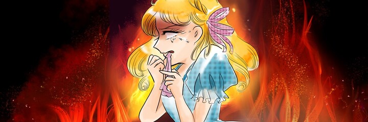 70年代少女漫画嫉妬の炎とハンカチを噛み締めて悔しがる金髪のお嬢様 - obrazy, fototapety, plakaty