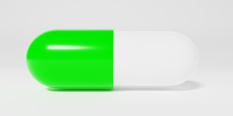 Pill capsule on a white background in extreme closeup. Medical concept with copy space. 3D Rendering