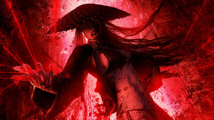 A sinister vampire woman in a straw hat is standing in the middle of the temple in a sinister pose, blood splashes are flying around, she is a sexy witch holding red threads in her crooked fingers. 3d - obrazy, fototapety, plakaty