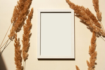 Dry pampas grass on a beige background and Photo frame. Mock up, empty space. Contrasting shadows...