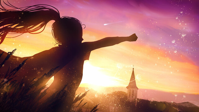 A young girl with long hair and a raincoat runs through a wheat village field with her fist outstretched, she dreams that she is flying like a super hero, against the background of a beautiful sunset.