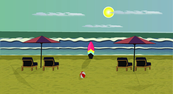 Summer Beach Scene With Umbrella Vector Ilustration.