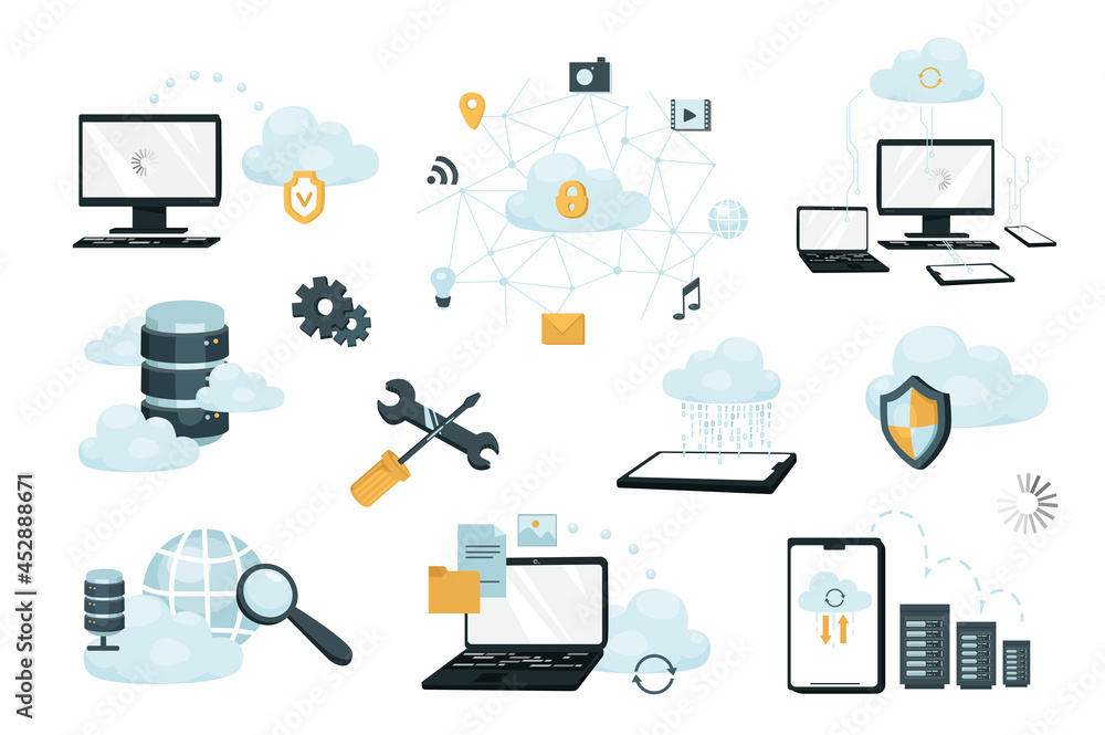 Poster cloud storage design elements set. collection of data transfer, computing, internet protection, netw