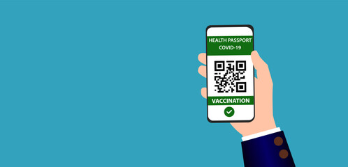 Health passport on the screen of the smartphone. On the screen of the smartphone, it shows immunity to the vaccine. corona virus vaccination concept. Vaccination passport application for safe journeys