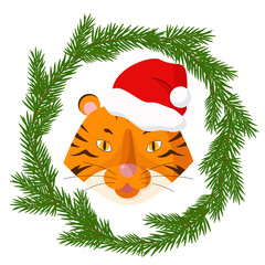 Tiger head with New Year's Santa hat. Christmas tree wreath
