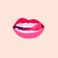 A hand-drawn drawing. Illustration of female lips. The mouth of a girl with a mouth painted with red lipstick. . A mascot for Valentine's Day. Women's beautiful print or postcar