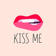 A hand-drawn drawing. Illustration of female lips. The mouth of a girl with a mouth painted with red lipstick. . A mascot for Valentine's Day. Women's beautiful print or postcar