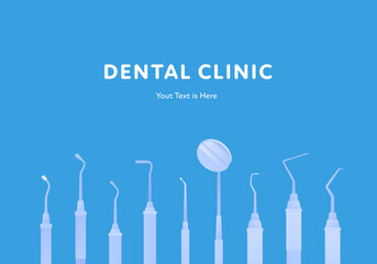 Dental clinic concept. Vector flar healthcare illustration. Horizontal banner template. Dentistry equipment and instrument with text on blue background. Design for dental oral health care