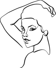 Minimalist portrait of the face of a smiling young woman with arm raised behind her head. Continuous line vector illustration, black line on white background