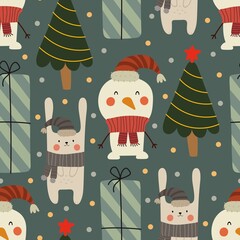 holiday seamless pattern with christmas tree, snowman, hare, present,  decorative elements. Colorful vector, flat style. hand drawing. design for fabric, print, wrapper