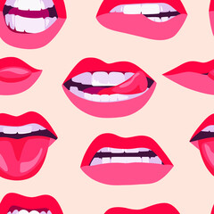 Seamless drawing of women's lips. A hand-drawn drawing. The lips of a girl with red lipstick express different emotions. Sexy kisses on the lips. A mascot for Valentine's Day. Women's beautiful print 