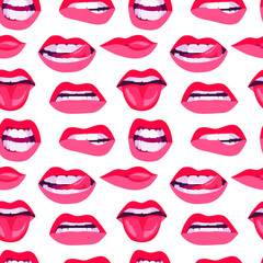 Seamless drawing of women's lips. A hand-drawn drawing. The lips of a girl with red lipstick express different emotions. Sexy kisses on the lips. A mascot for Valentine's Day. Women's beautiful print 