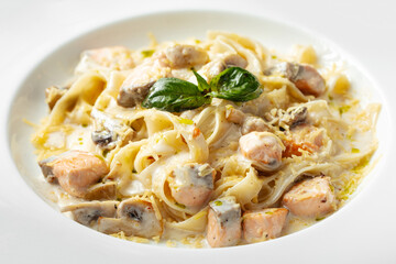 Closeup on fettuccine pasta with salmon in cream sauce