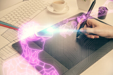 Double exposure of man in vr glasses sketch hologram and woman holding and using a mobile device. © peshkova