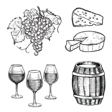 Collection of cheese, wine and grapes. Hand drawn style illustration. Vector.	