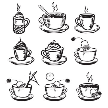 Cup coffee hand-drawn style. Steps how to brew tea. Vector illustration isolated on white background.	