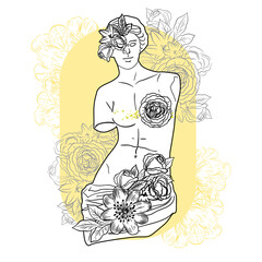 Ancient Greek goddess statue in a continuous line and flowers. Vector illustration. Modern trend a woman without hands. Roman style
