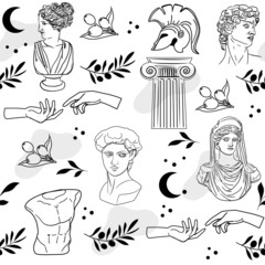 Vector illustration of antique things and statues. Greece symbolism. Roman style elements. Abstract aesthetic seamless pattern - obrazy, fototapety, plakaty