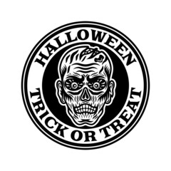 Halloween vintage round emblem, badge, label or logo with zombie head in monochrome style vector isolated illustration