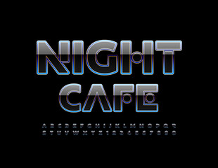 Vector advertising ign Night Cafe. Modern style Font. Glossy abstract Alphabet Letters and Numbers set