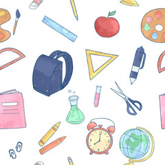 Seamless pattern with isolated colorful school stationery elements, hand drawn watercolor school student item