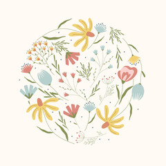 Composition in the shape of a circle of beautiful wildflowers in a cartoon style