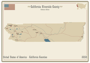 Map on an old playing card of Riverside county in California, USA.