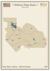 Map on an old playing card of Plumas county in California, USA.
