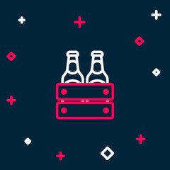 Line Pack of beer bottles icon isolated on blue background. Wooden box and beer bottles. Case crate beer box sign. Colorful outline concept. Vector