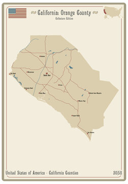 Map On An Old Playing Card Of Orange County In California, USA.