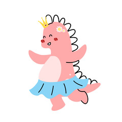 A cute pink princess dinosaur cartoon character flat vector illustration isolated on white background. Girly dino cute character for kids. Cute animal for kids T-shirt, scrapbook, pattern.