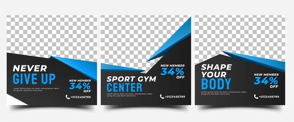 Fototapeta Gym, fitness, and sports social media post template design. Set of Modern square banner design with abstract blue shape. Usable for social media, banner, and website. obraz
