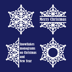 A set of monograms from one snowflake. Horizontal, round and side frame waiting for text.