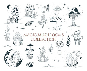 Big mystical collection with magic mushrooms, floral elements. Celestial fungi set. Witchy tattoo and occult clipart with moon and stars. - obrazy, fototapety, plakaty