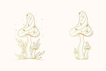 Golden mystical mushrooms. Gold Celestial fungi set.