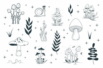 Set with mystical mushrooms, leaves, floral elements. Celestial fungi with moon and stars.