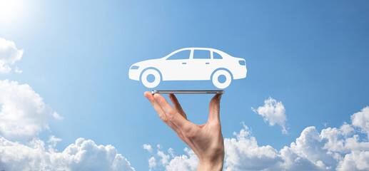 Digital composite of Man holding car icon.Car automobile insurance and car services concept....