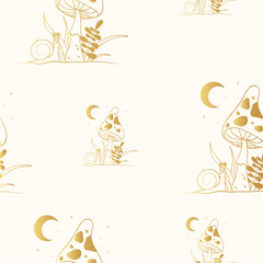 Golden celestial mushroom seamless pattern. Mystical texture with gold fungi, moon, floral elements and stars.