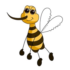 Funny bee flying, isolated on white background. A cartoon character in bright colors with black outline. Cute, friendly insect. Vector illustration.