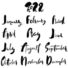 Hand drawn set of months. Modern dry brush lettering. Names of the months. Vector illustration. Handwritten grunge inscription. 2022 calendar