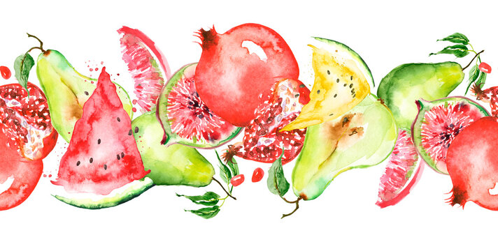 Watercolor Seamless background.
border, line - tropical fruits - pear,watermelon,pomegranate fruit, seeds, berry, figs. Seamless pattern. Watercolor tropical pattern with fruits, multifruit. 
