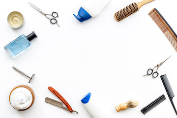 Barber shop equipment with hairdressing scissors. Top view