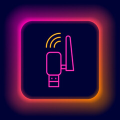 Glowing neon line Usb wireless adapter icon isolated on black background. Colorful outline concept. Vector