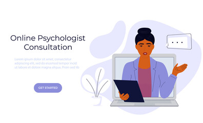 Psychologist online. Indian woman psychotherapist consults by video call on laptop. eTherapy. Psychotherapeutic, psychiatric aid. Web page template.