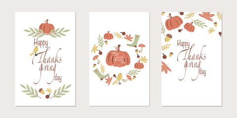 Vector set of autumn thanksgiving invitations and greeting cards. Autumn fall harvest Thanksgiving illustration with pumpkin, autumn oak leaves