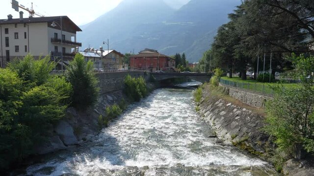 Dora Baltea River in Aosta City, Aosta Valley, Italy 
