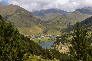 Fototapeta na wymiar Vall de nuria (Valley of Nuria) National Park in Catalonia of Spain in a cloudy day